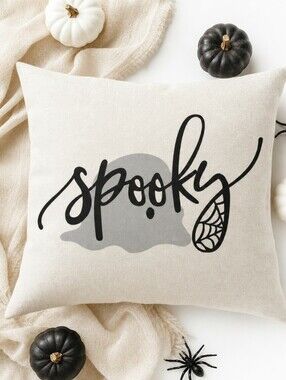 Halloween Pillow Cover • Ghost Boo Spider Web • Ivory Black • 18x18 Linen Look